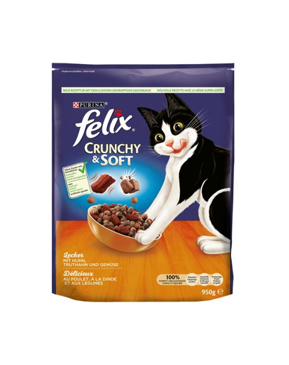 FELIX Crunchy & soft Granule pre mačky s kuracím, morčacím mäsom a zeleninou 4x950 g
