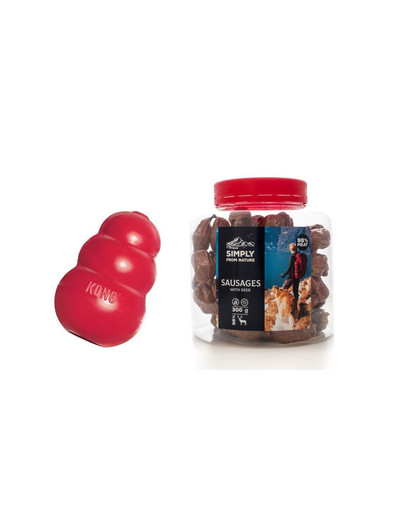 KONG Vianočná sada Gumená hračka medium + natural klobásky z jelenieho mäsa pre psa 300 g