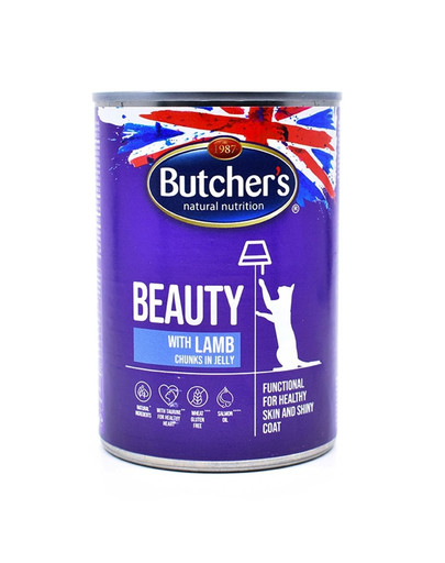 BUTCHER'S Functional Beauty Kúsky jahňacieho mäsa v želé  pre mačky 24 x 400 g