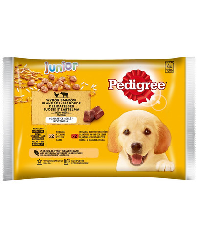 PEDIGREE Junior s kuracím mäsom a ryžou/hovädzím mäsom a ryžou 4x100 g