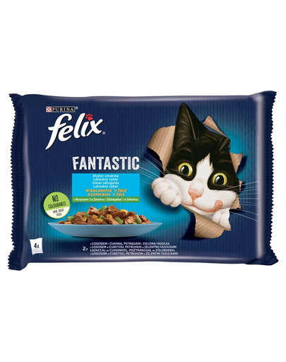 FELIX FANTASTIC Krmivo pre mačky v želé (losos s cuketou, pstruh s fazuľou) 4x85 g