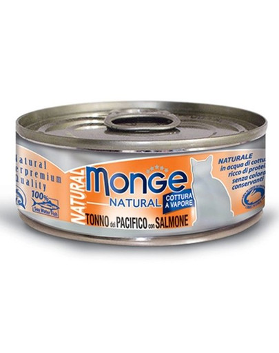 MONGE Natural Cat Tuniak, kura a losos 80g