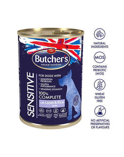 BUTCHER'S Blue Sensitive paštéta s jahňacinou a ryžou 390 g