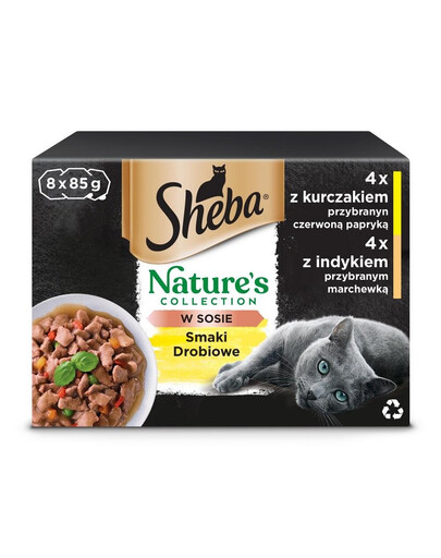 SHEBA Nature's Collection Kuracie príchute vo vaničke na omáčku 8x85g kuracie mäso s paprikou a morčacie mäso s mrkvou