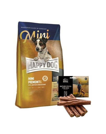 HAPPY DOG Mini Piemonte 4 kg + prírodné tyčinky kačica 7ks