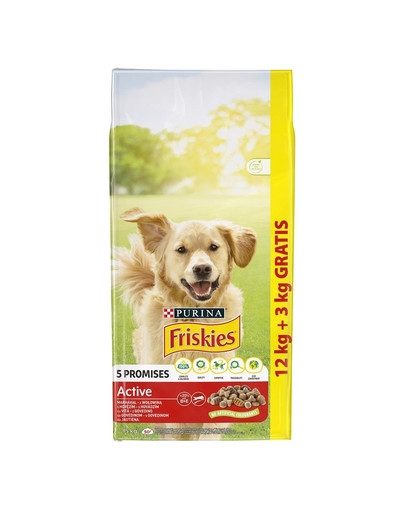 FRISKIES Active s hovädzím 12 kg + 3 kg GRATIS