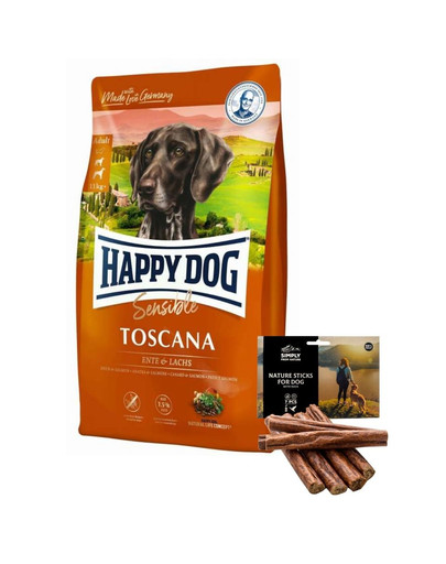 HAPPY DOG Supreme Toscana 12.5 kg + prírodné tyčinky kačica 7 ks