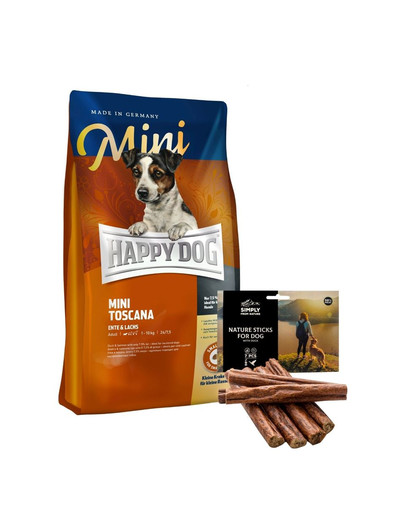 HAPPY DOG Mini Toscana 4 kg +  SIMPLY FROM NATURE  Žuvacie tyčinky s kačacím mäsom 7 ks