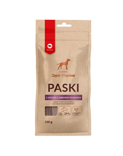MACED Super Premium pochúťka pre psov králičie prúžky s jablkom a červenou repou 100g