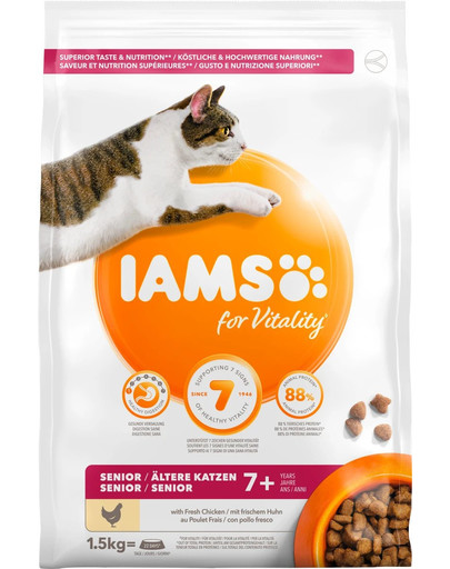 IAMS for Vitality Senior Granule pre staršie mačky s čerstvým kuracím mäsom 1,5 kg