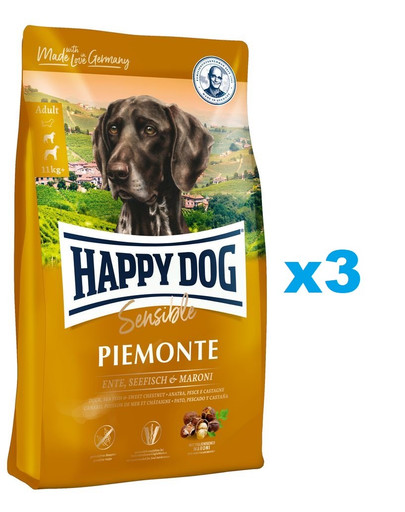 E-shop HAPPY DOG Supreme piemonte - kačacie, gaštany a ryby 3 x 10 kg
