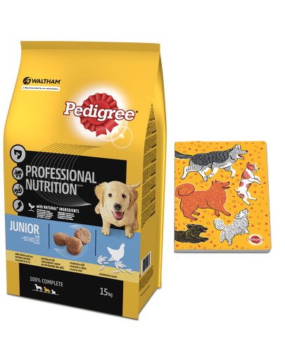 PEDIGREE Junior Professional Nutrition s kuracím a ryžou 15 kg + Zápisník so psíkmi GRATIS