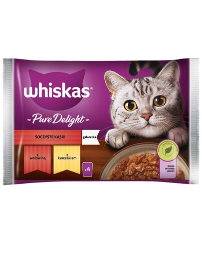 WHISKAS Adult vrecúško 4 x 85 g krmivo Juicy Bites pre mačky kúsky s hovädzím a kuracím mäsom