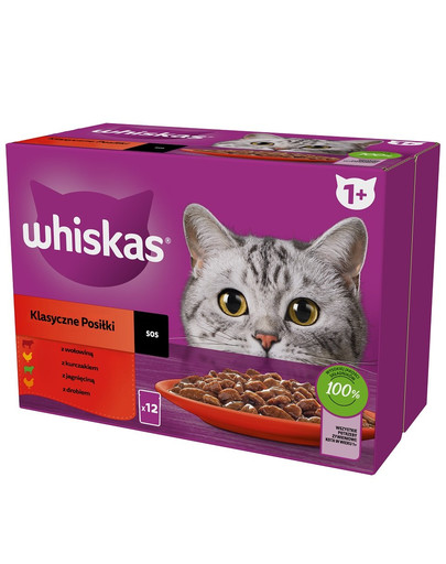 WHISKAS Adult vrecúško 12 x 85 g Classic Meals mokré krmivo pre mačky v omáčke s hovädzím, kuracím, jahňacím a hydinovým mäsom