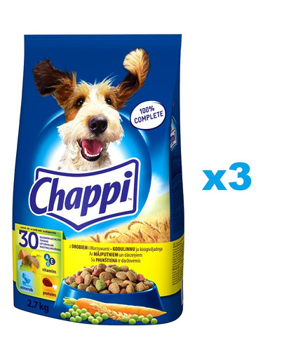 CHAPPI Suché krmivo s hydinou 3x2,7 kg pre dospelé psy