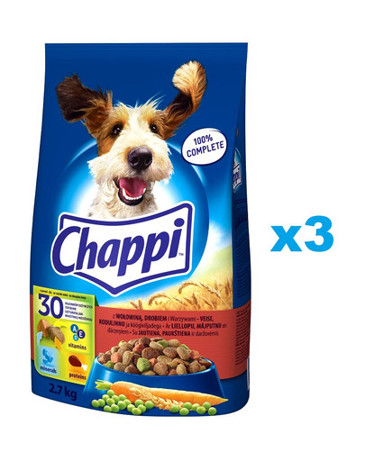 CHAPPI Suché krmivo s hovädzím mäsom 3x2,7kg pre dospelé psy