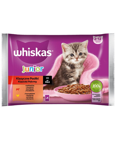 WHISKAS Junior klasické krmivo kuracie a hovädzie mäso v omáčke 4x85g