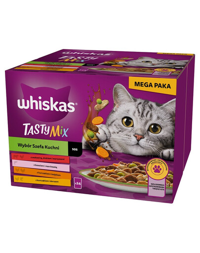 WHISKAS Adult Tasty Mix Výber šéfkuchára v omáčke 48x85g kúsky s hovädzím mäsom, lososom, kuracím a morčacím mäsom, kuracím mäsom a treskou pre dospelé mačky
