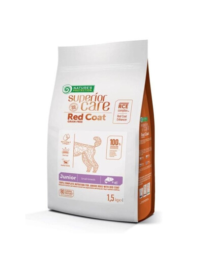 NATURES PROTECTION SUPERIOR CARE Red Coat Grain Free Salmon Junior Small Breed 1,5 kg s lososom pre šteňatá malých plemien s červenou srsťou