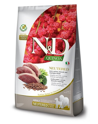 N&D Quinoa Dog Neutered Adult Medium & Maxi duck, broccoli 2 x 12 kg + FLEXI New Comfort L Tape 8 m ZADARMO