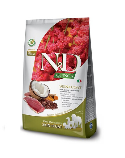 N&D Quinoa Skin&Coat Duck&Coconut Adult  2 x 7 kg + FLEXI New Comfort L Tape 8 m ZADARMO