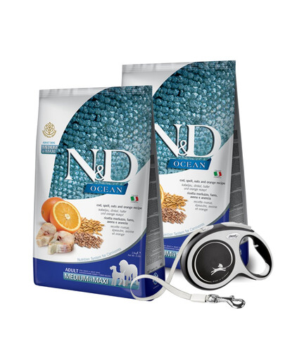 N&D Ocean Dog Low Grain Adult Mini Codfish & Orange 2 x 7 kg + FLEXI New Comfort L Tape 8 m ZADARMO