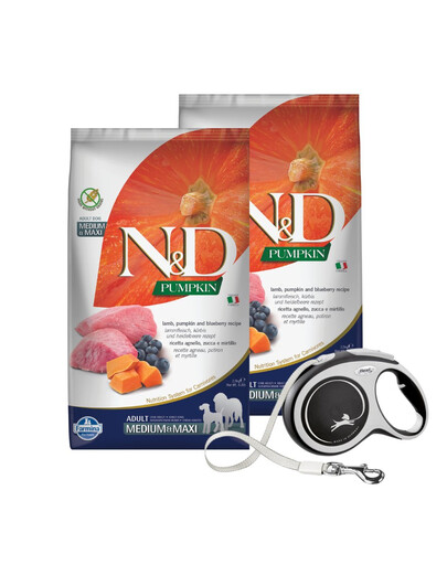 N&D dog Grain Free PUMPKIN Adult medium & maxi lamb & blueberry 2 x 12 kg + FLEXI New Comfort L Tape 8 m ZADARMO