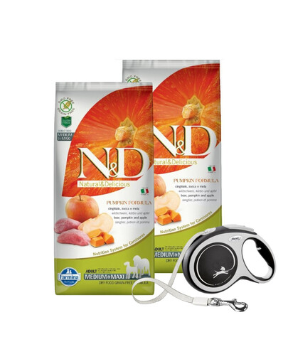 N&D GF Pumpkin Boar & Apple Adult Medium & Maxi 2 x 12 kg + FLEXI New Comfort L Tape 8 m ZADARMO