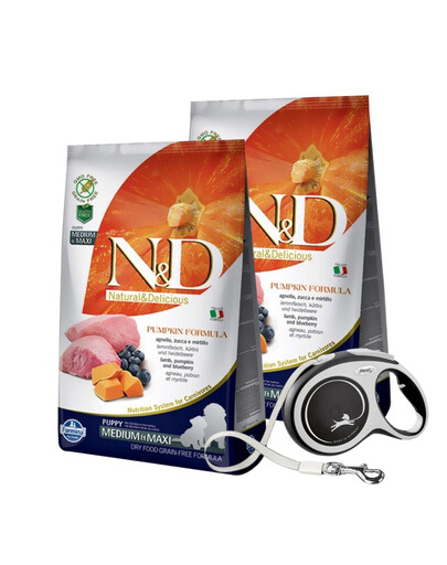 N&D Dog Grain Free PUMPKIN puppy medium & maxi lamb & blueberry 2 x 12 kg + FLEXI New Comfort L Tape 8 m ZADARMO
