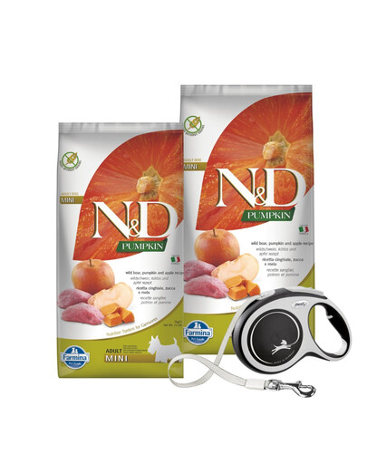 N&D Grain Free Pumpkin DOG Adult Mini Boar & Apple 2 x 7 kg + FLEXI New Comfort L Tape 8 m ZADARMO