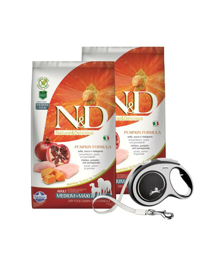 N&D Pumpkin Chicken & Pomegranate Adult Medium & Maxi  2 x 12 kg + FLEXI New Comfort L Tape 8 m ZADARMO