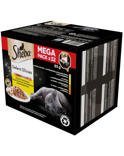 SHEBA Kompletné vlhké krmivo v omáčke z kuracieho a morčacieho mäsa 32x85g