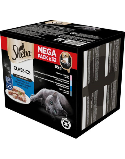 SHEBA Paštéty biela ryba, treska, losos a tuniak 32x85g