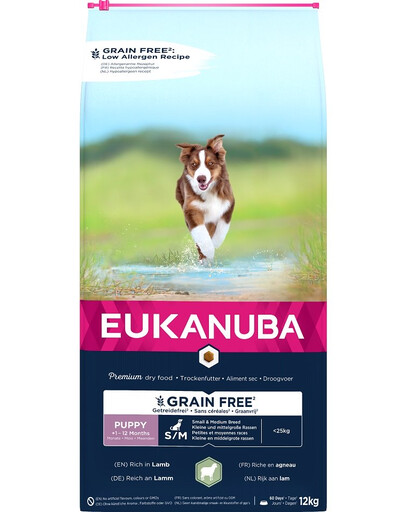 EUKANUBA Grain Free S/M Puppy Jahňacie mäso 12 kg pre malé a stredné plemená