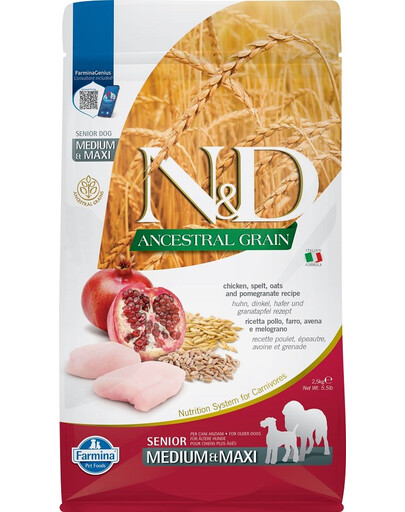 N&D Ancestral Grain Dog Senior Medium Maxi  - Krmivo  pre psov Kura, špalda, ovos, granátové jablko 2,5 kg