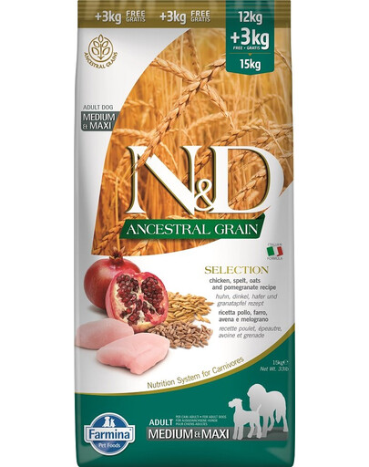 N&D Ancestral Selection medium & maxi Krmivo pre psa  s kuracím mäsom a granátovým jablkom 15 kg