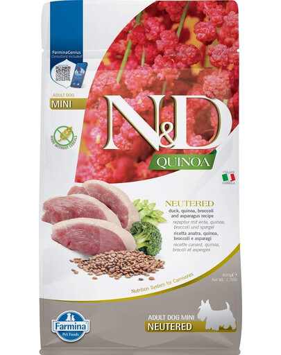 N&D Quinoa Dog Duck, Broccoli & Asparagus Neuterad Adult Mini 800g