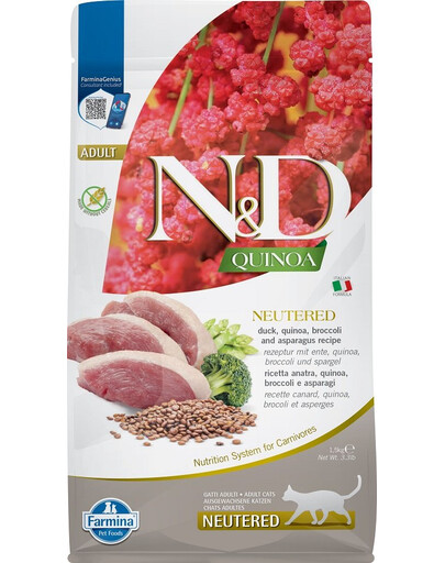 FARMINA N&D Quinoa Duck Broccoli Asparagus Neutered krmivo pre dospelé kastrované psy 1,5 kg