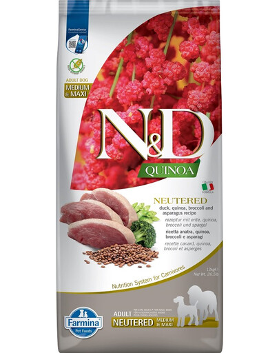 N&D Quinoa Dog Neutred Adult Medium & Max iGranule pre psy po kastrácii kačica, brokolica a špargľa 12 kg
