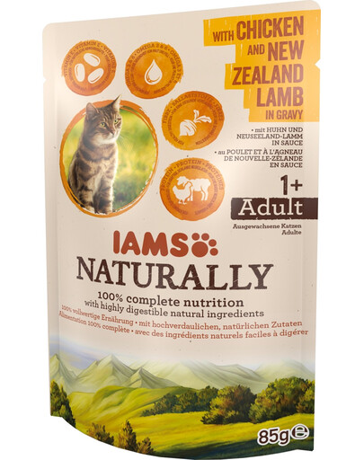 IAMS Naturally s kuracím a novozélandským jahňacím mäsom v omáčke 85 g