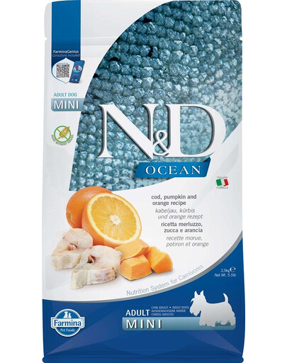 N&D Ocean dog Adult mini Grnule pre psov s treskou, tekvicou a pomarančom  2,5 kg