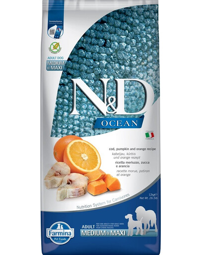 FARMINA N&D Ocean dog codfish, pumpkin, orange Adult medium & maxi 12 kg