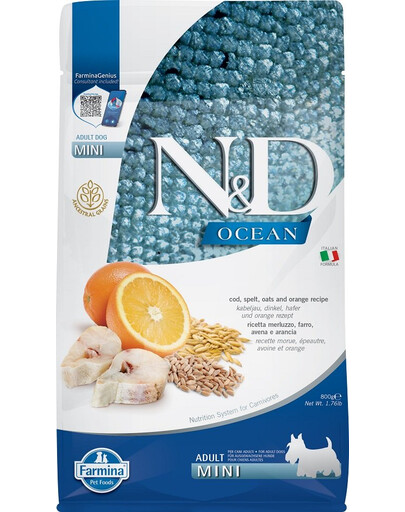 N&D Ocean Adult Mini Granule pre psov – treska, špalda, ovos, pomaranč 800 g
