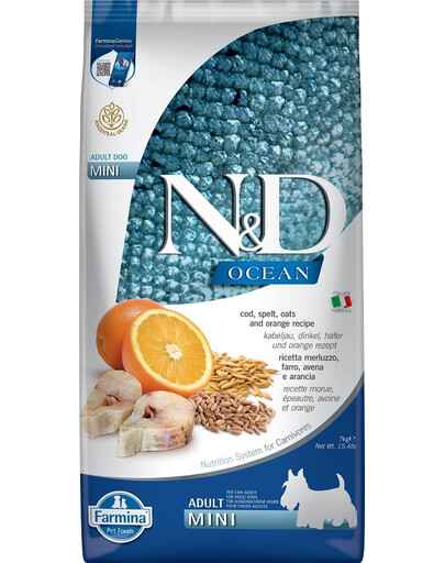 FARMINA N&D Ocean Dog Low Grain Adult Mini Codfish & Orange 7 kg