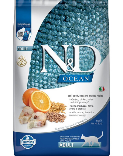 N&D Ocean cat adult -  Krmivo s treskou, špaldou, ovsom a pomarančom pre dospelé mačky všetkých plemien 5 kg