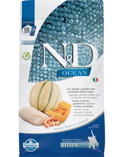 N&D Ocean Cat Kitten Granule treska, krevety, tekvica a melón cantalup pre mačiatka 1,5 kg