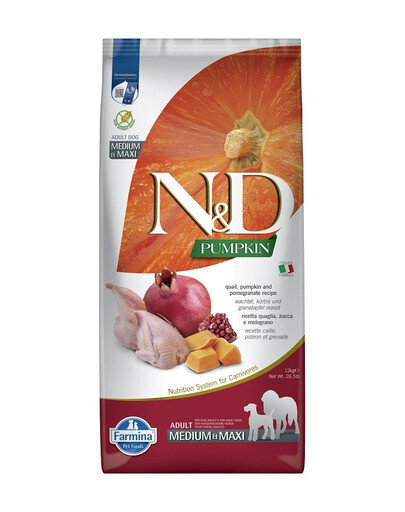 FARMINA N&D Quail Pumpkin & Pomegranate Adult Medium & Maxi suché krmivo pre psov 12 kg