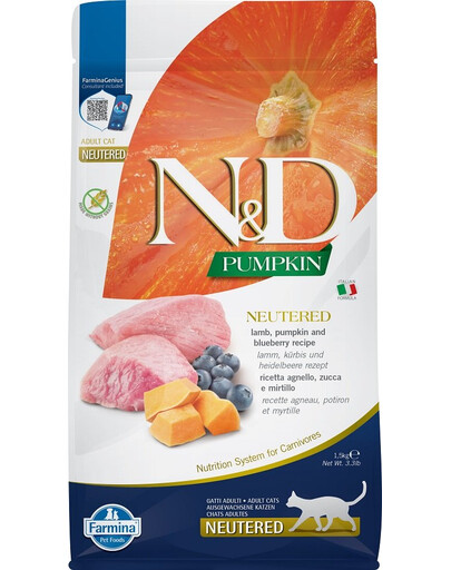 N&D Pumpkin Cat Neutered Adult Krmivo z jahňacieho mäsa, tekvice a čučoriedok 1,5 kg
