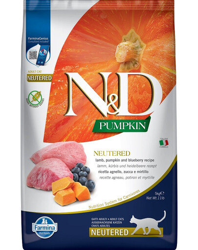 FARMINA N&D Pumpkin Cat Granule pre dospelé kastrované mačky jahňacina & čučoriedka 5 kg