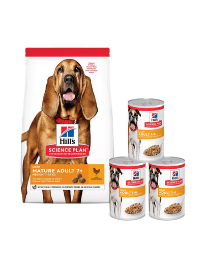 HILL'S Science Plan 7+ Dog Mature Light Medium Chicken 14 kg + 3 konzervy ZADARMO